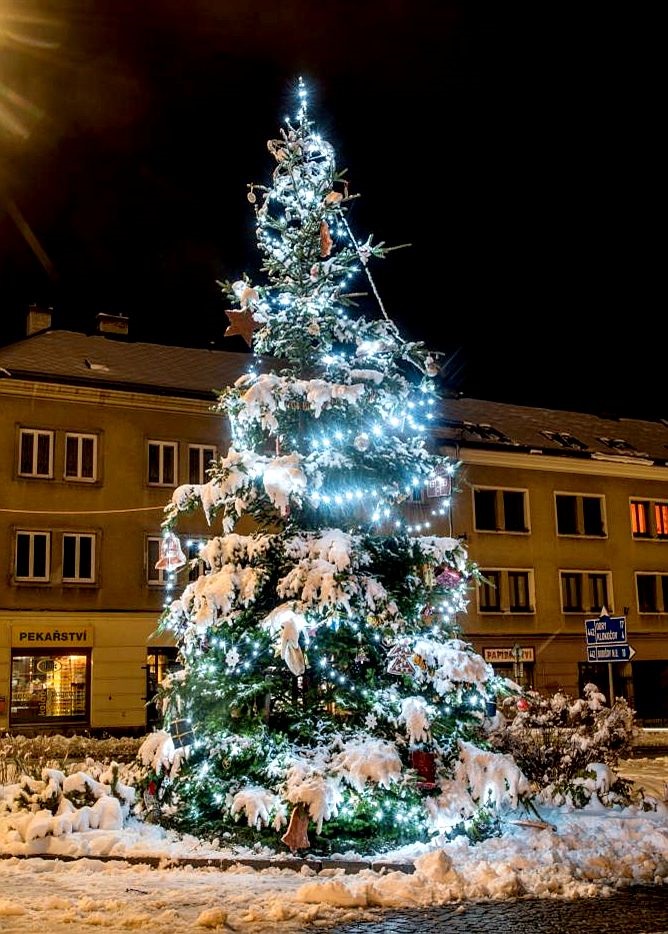 fotografia przedstawia świąteczną choinkę na rynku w Vitkovie